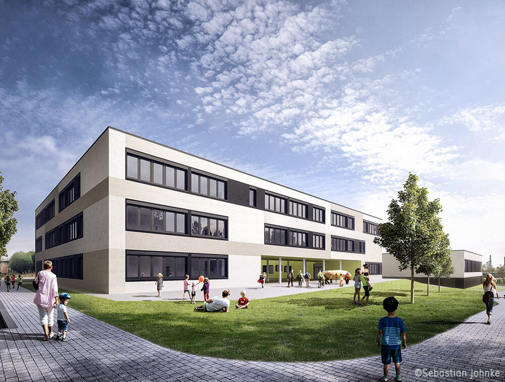 Außenansicht des Neubaus eines Gymnasiums und einer Sporthalle in Kassel: Moderner Gebäudekomplex mit hellen Putzflächen.